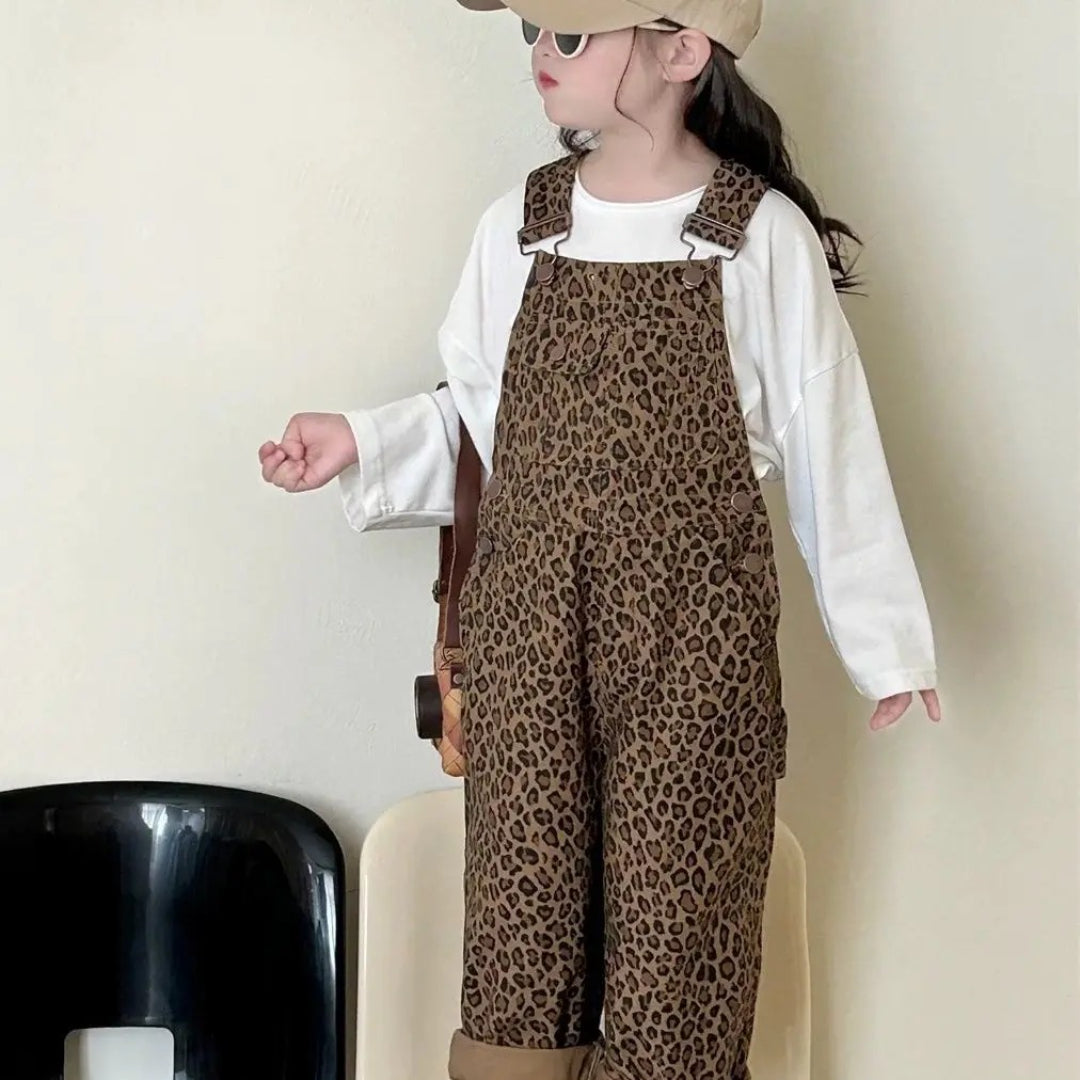 Girls' brown jumpsuit with leopard print