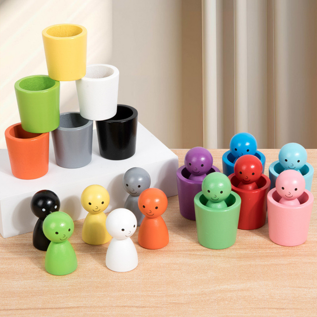 Wooden learning toys with color sorting cups