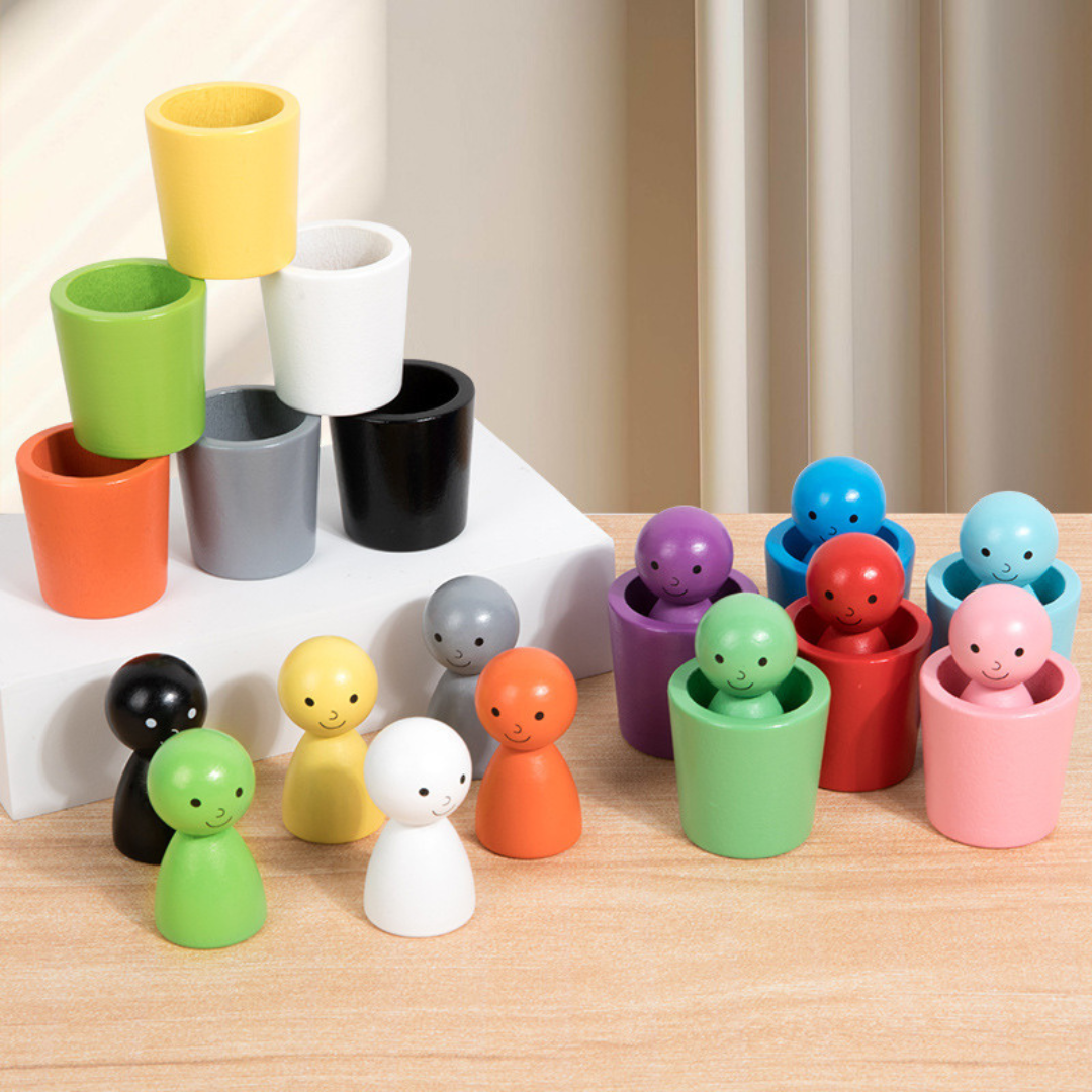 Wooden learning toys with color sorting cups