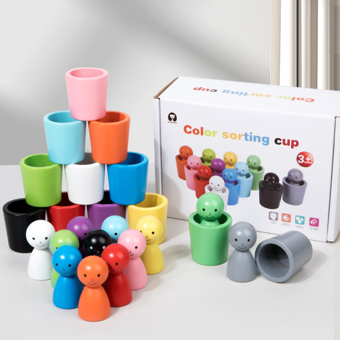 Wooden learning toys with color sorting cups