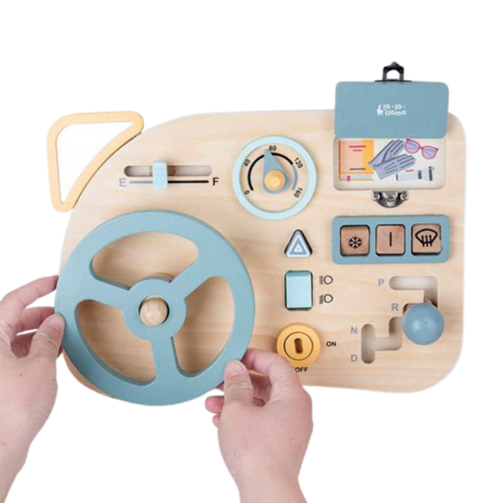 Wooden sensory activity board with buttons and switches