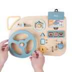 Wooden sensory activity board with buttons and switches