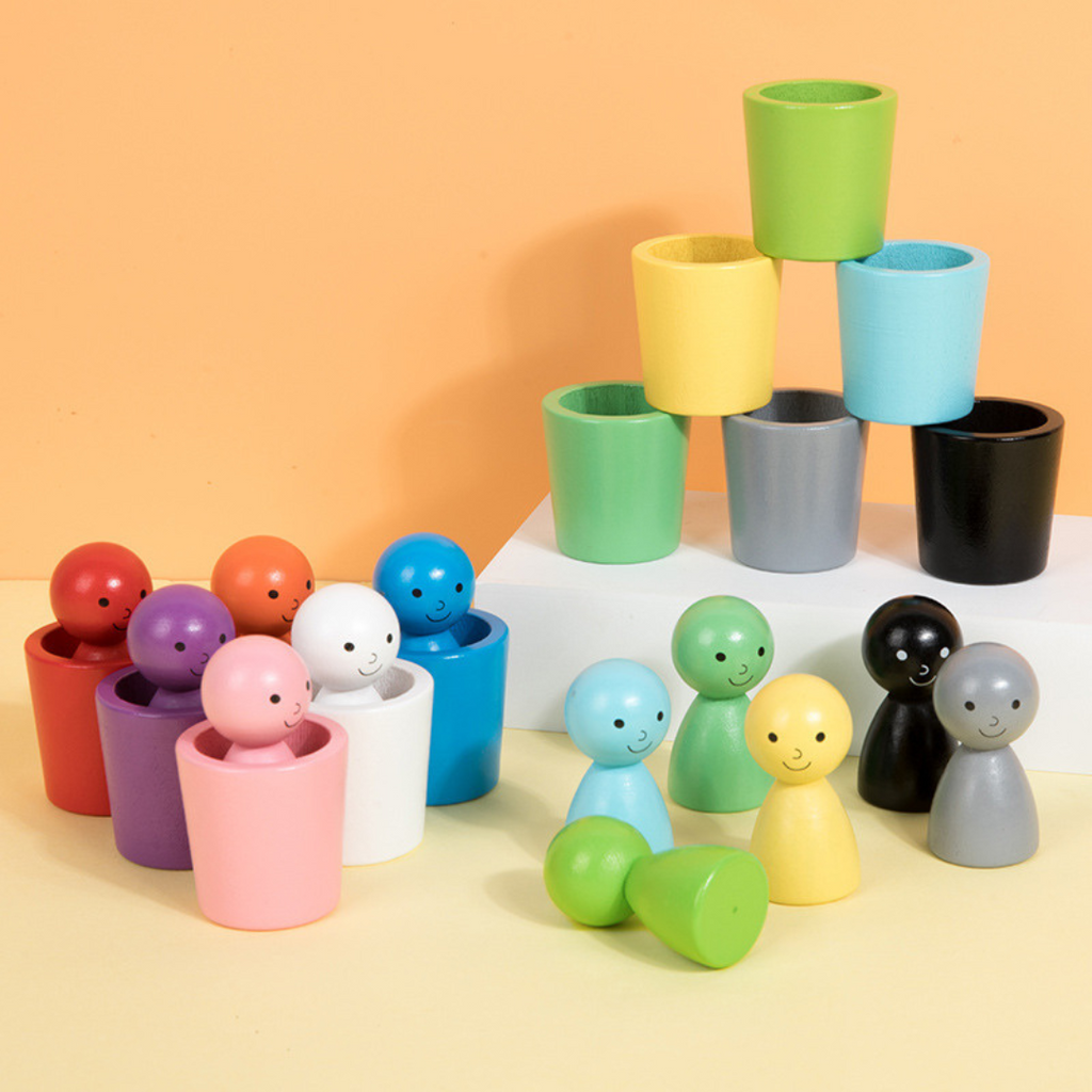 Wooden learning toys with color sorting cups