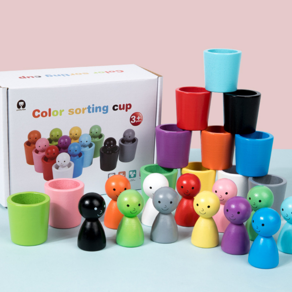 Wooden learning toys with color sorting cups