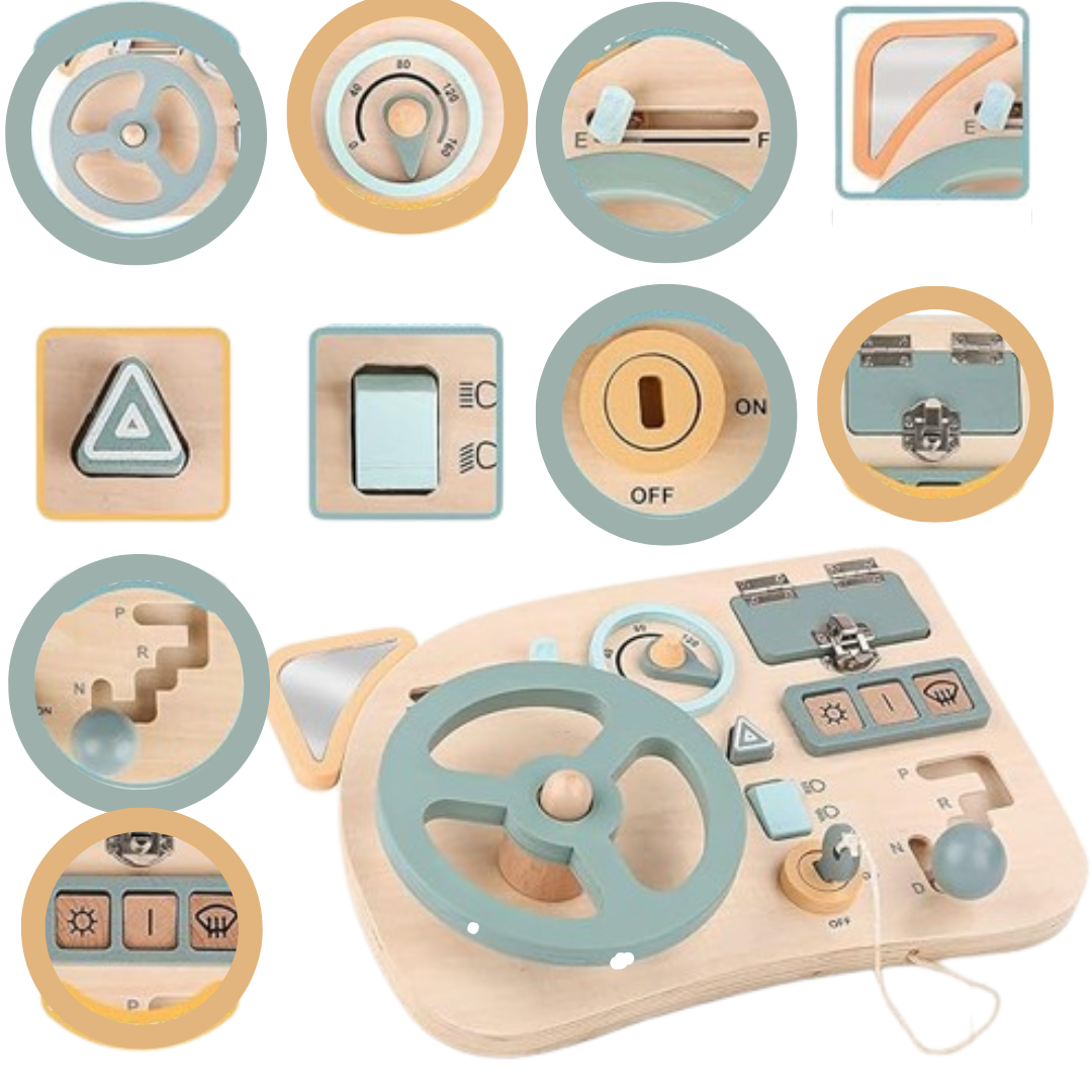 Wooden sensory activity board with buttons and switches