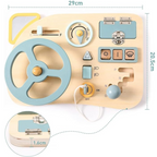 Wooden sensory activity board with buttons and switches
