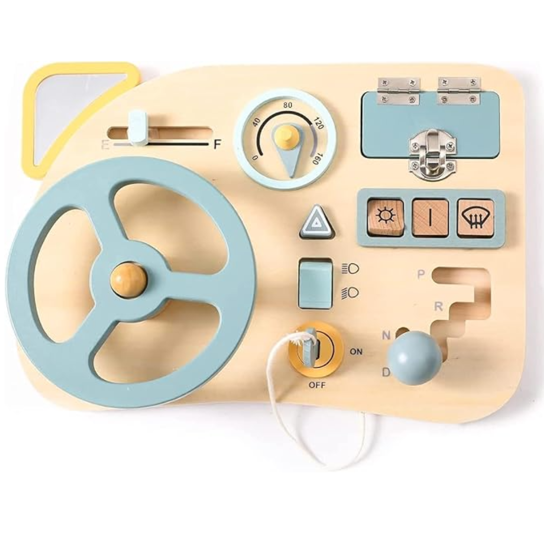 Wooden sensory activity board with buttons and switches