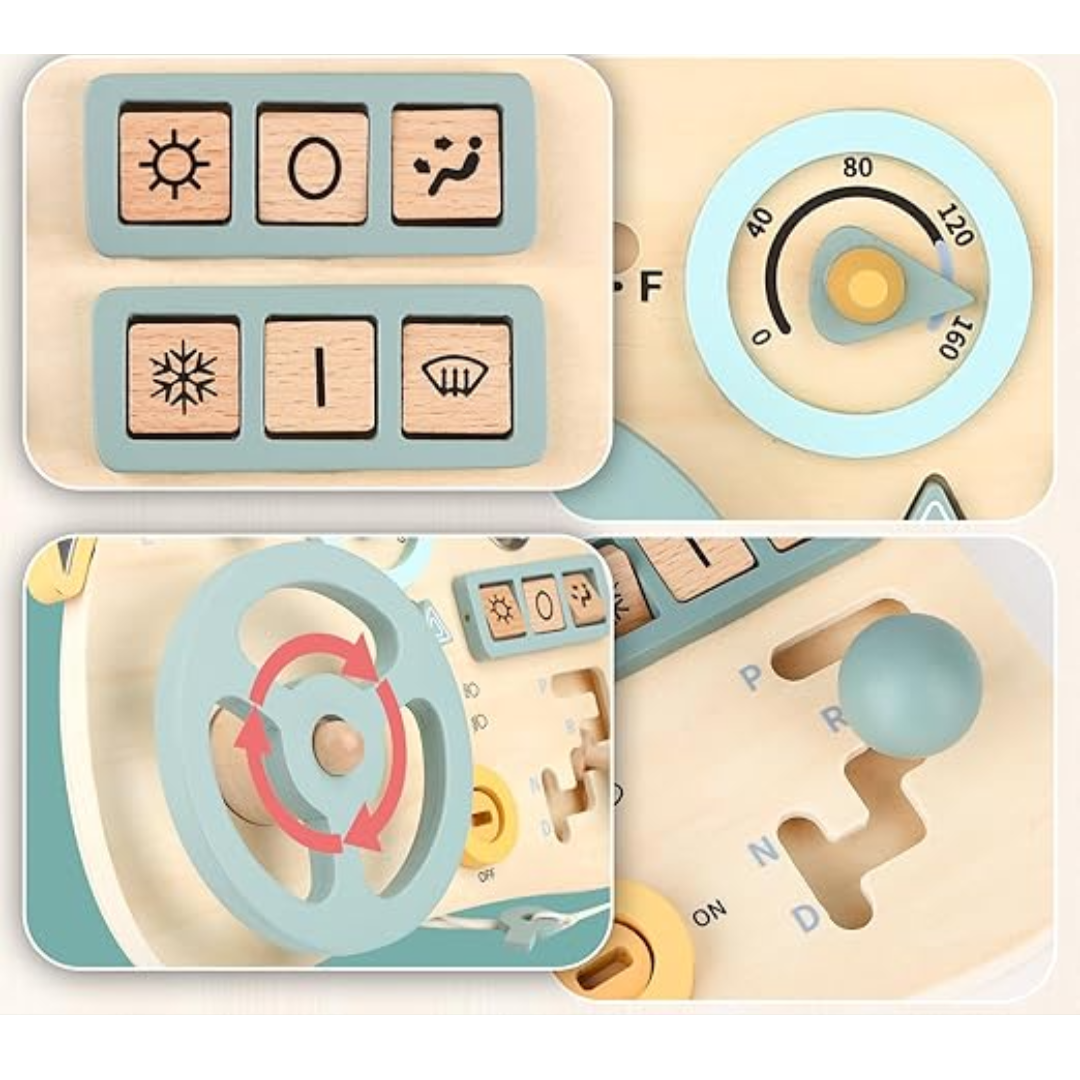 Wooden sensory activity board with buttons and switches