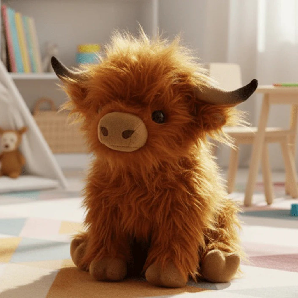 Blød Highland ko bamse i krammevenligt plys