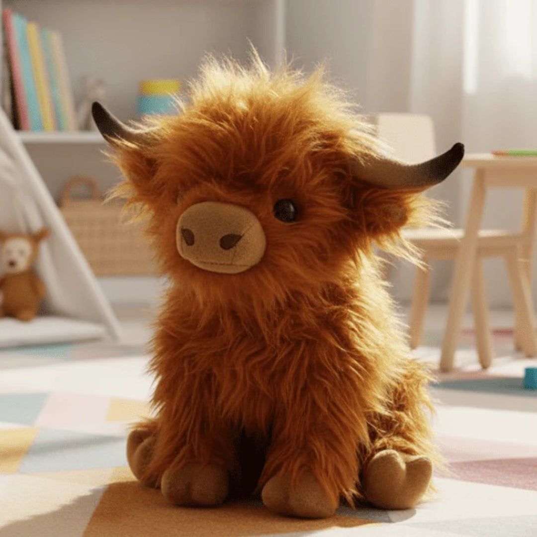 Blød Highland ko bamse i krammevenligt plys