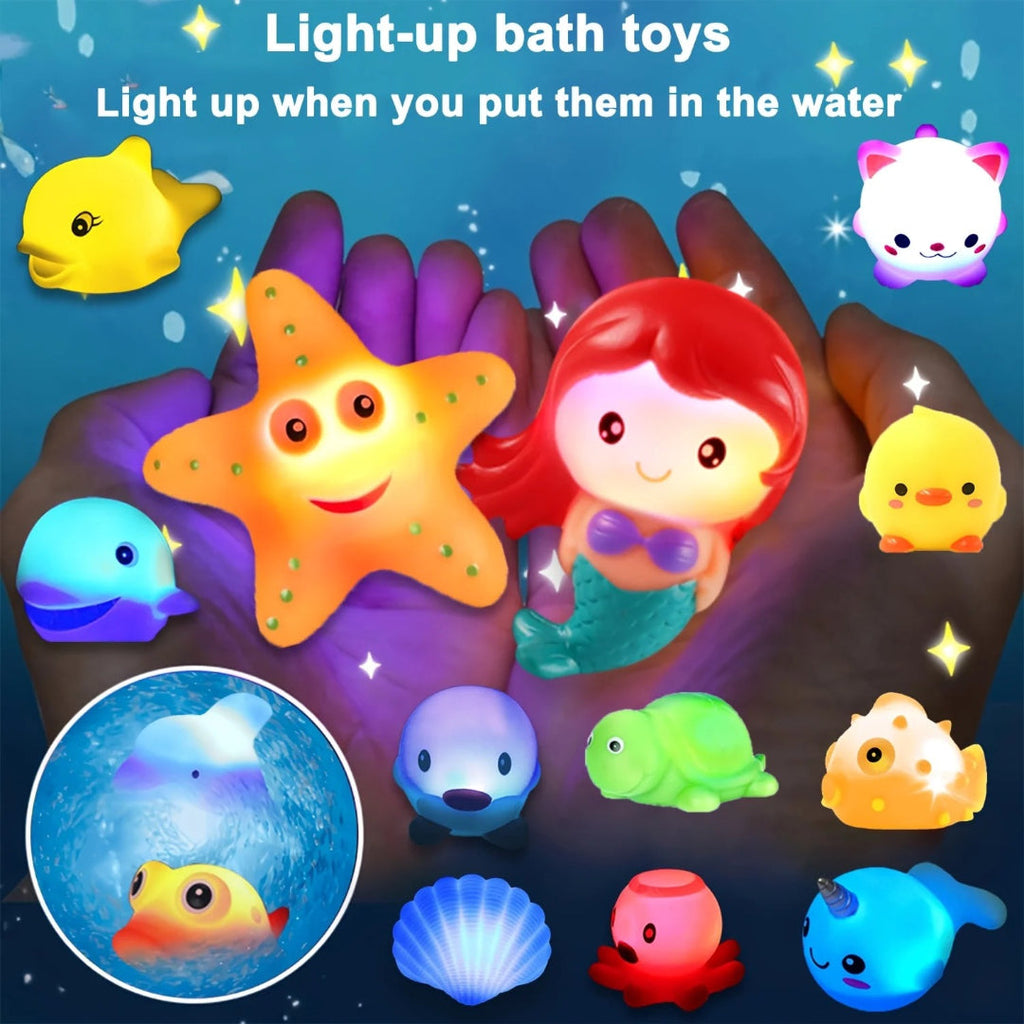 Light-up bath toy set with glittering floating sea animals