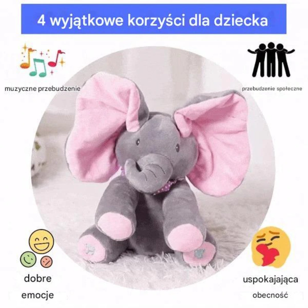 Musical elephant plush with a fun peek-a-boo function