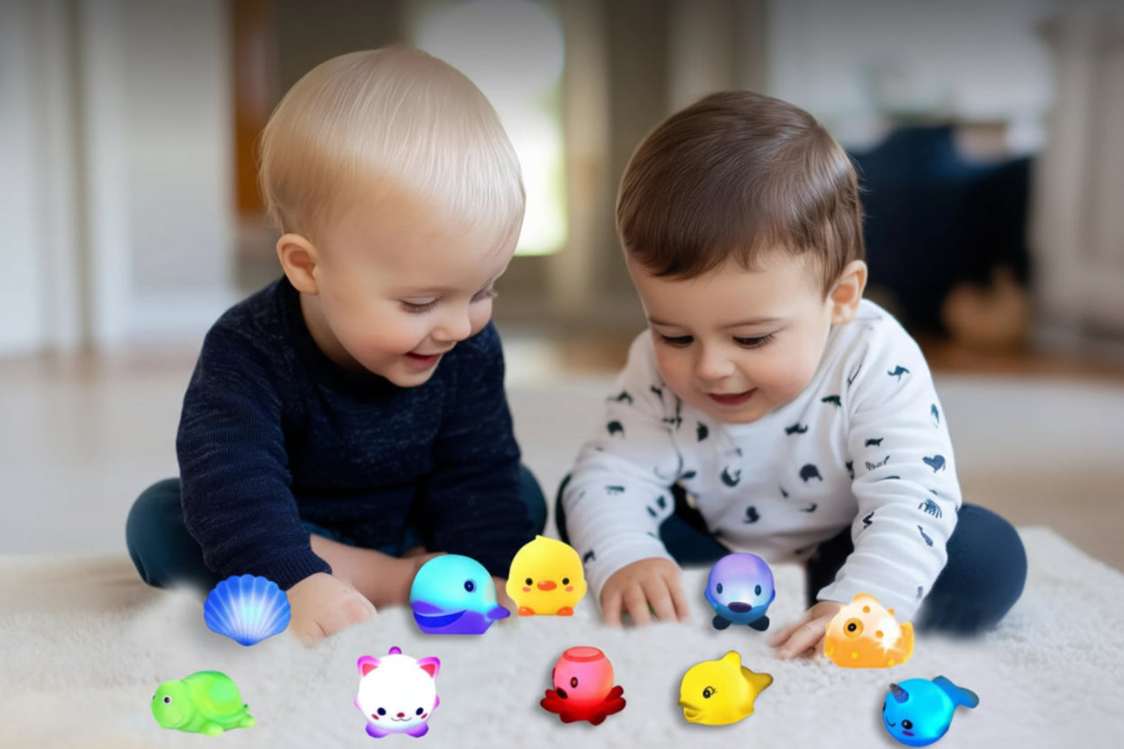 Light-up bath toy set with glittering floating sea animals