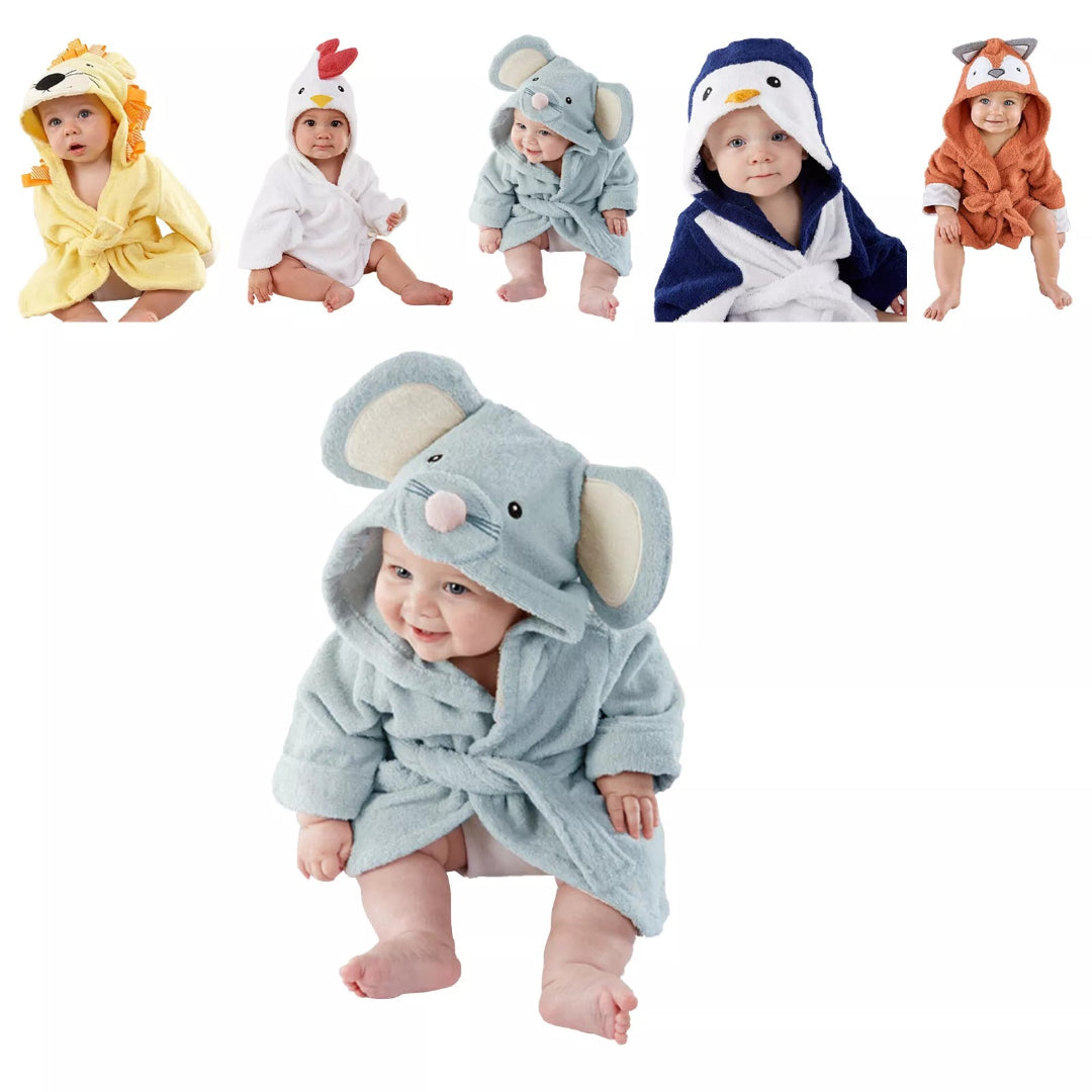 Baby bathrobe in soft absorbent material with animal motif